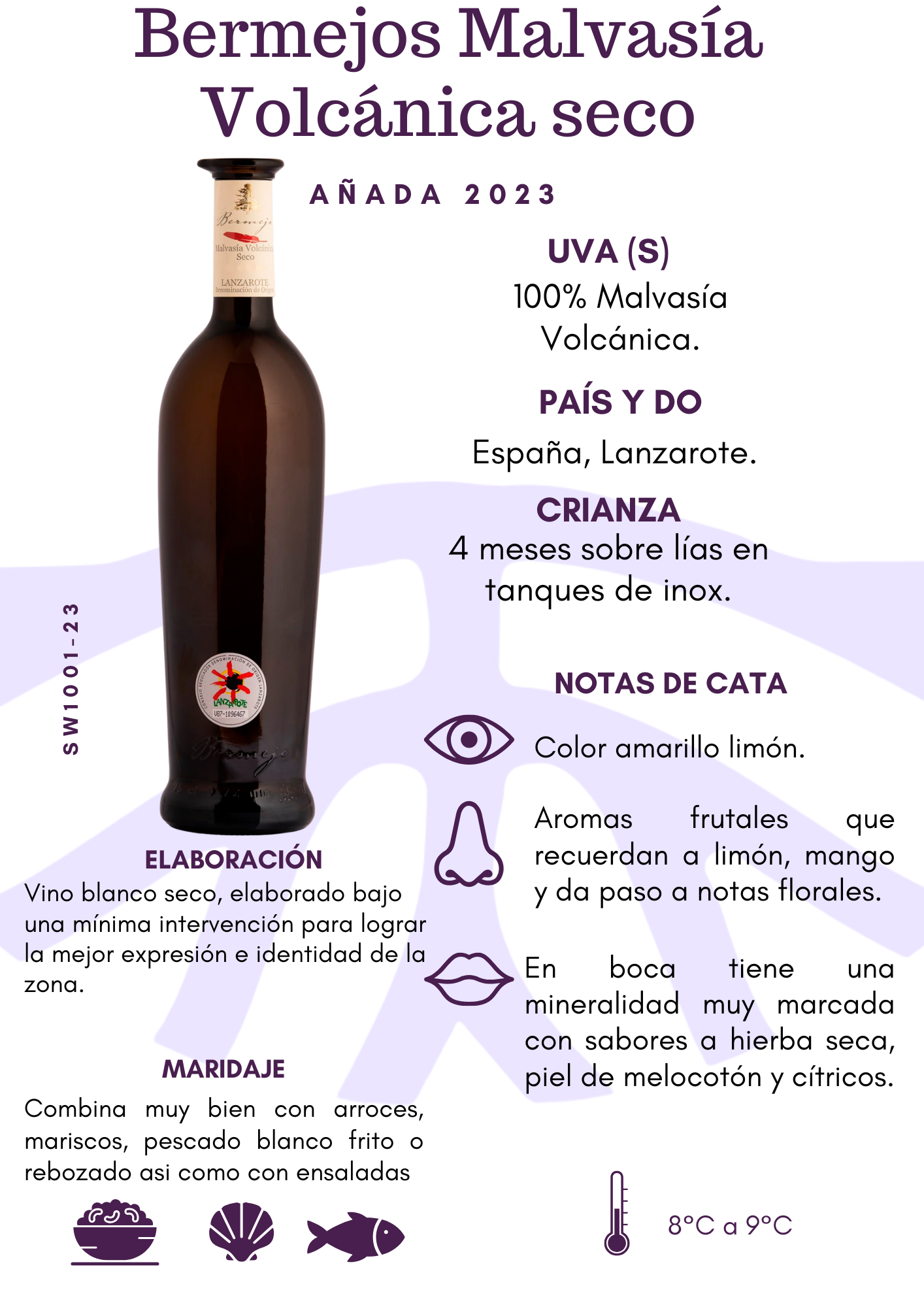 SW1001-23 Bermejos Malvasía Volcánica Seco Blanco 12/750mL 2023