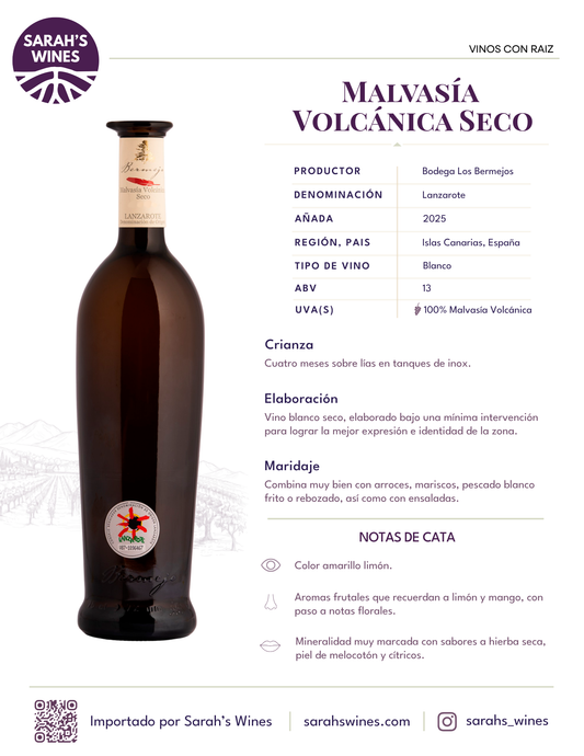 SW1001-25 Bermejos Malvasía Volcánica Seco Blanco 2025 12/750mL