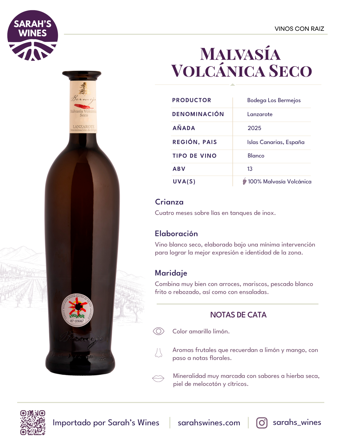 SW1001-25 Bermejos Malvasía Volcánica Seco Blanco 2025 12/750mL