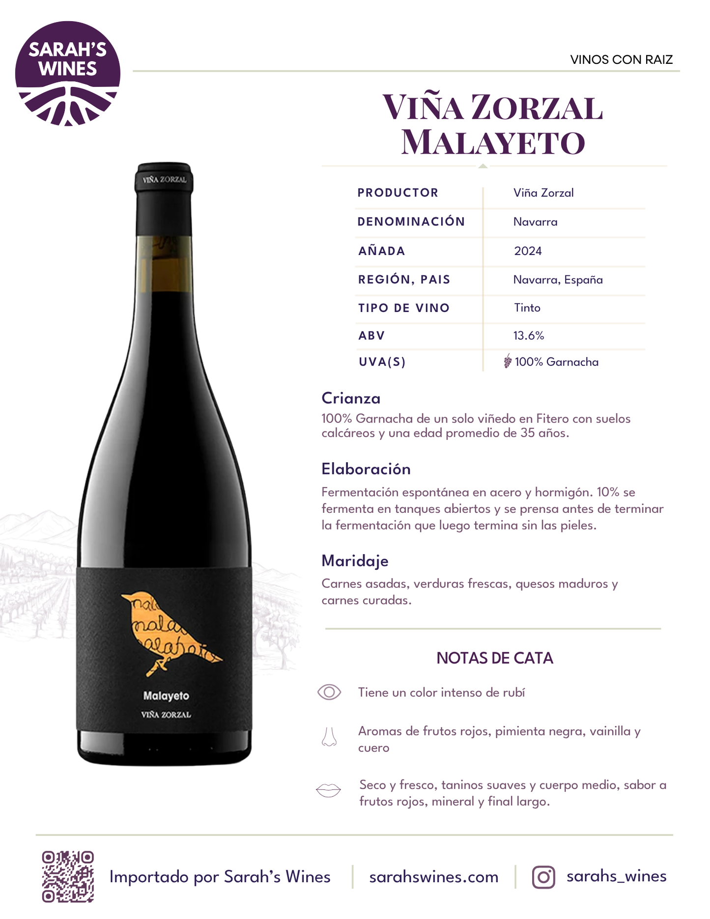 SW1021-24 Viña Zorzal Malayeto 2024 (12/750mL)
